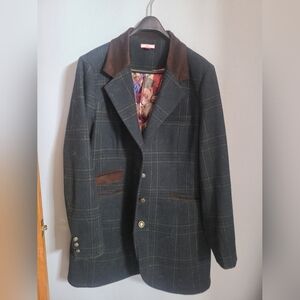 Navy Plaid Long Blazer, Size 18, Wool Acrylic Blend, Academia
